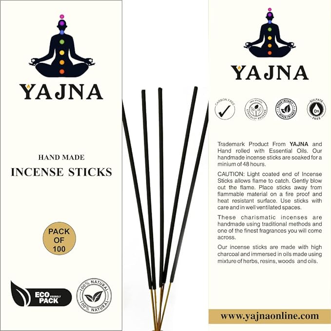 Yajna-Nag-Champa-Incense-Sticks 100%-Natural-Handmade-Hand-Dipped-Incense-Sticks Organic-Chemicals-Free For-Purification-Relaxation-Positivity-Yoga-Meditation The-Best-Woods-Scent (100 Sticks (150GM)) Yajna