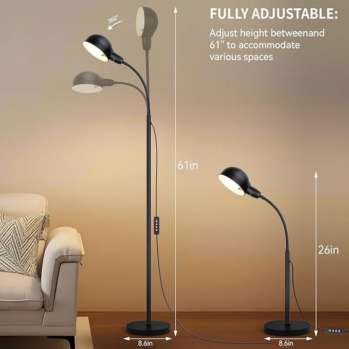 Floor Lamp with Flexible Gooseneck and Height Adjustable，Standing Lamp Include Dimmer LED Bulb，Ideal Tall Lamp with Dimmer and Timer Switch for Reading,Bedside and Living Room (Black) - Bloomnest