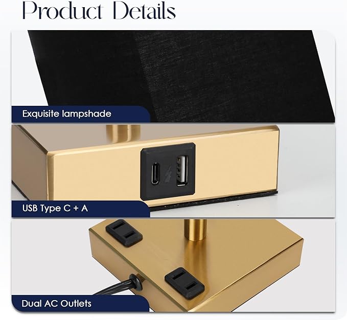Bedside Lamp with USB Ports - Touch Control Table Lamp for Bedroom with USB C+A Charging Ports & AC Outlets, 3 Way Dimmable Nightstand Light for Living Room (LED Bulb Included, Brass - Black) - Bloomnest