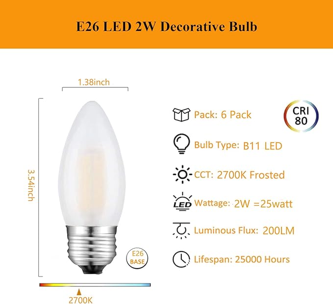 E26 Candelabra Bulb Frosted Medium Base 2700K Warm White Equivalent 25 Watt Light Bulbs, B11 Dimmable LED 2W Chandelier Candle Light for Decorative, 6 Pack - Bloomnest