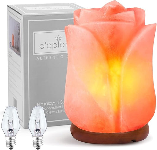 d'aplomb 100% Authentic Natural Himalayan Salt Lamp;Hand Carved Flower Rose Crystal Rock Salt from Himalayan Mountains; Dimmer Cord (Pink Flower)