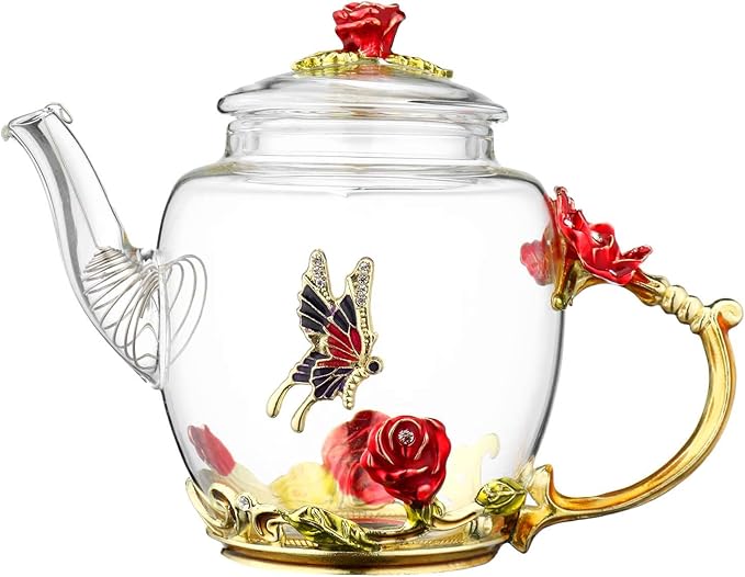 Glass Teapot -300 ml (10 oz), Flower Decoration Heat Resistant Glass Teapot Kettle with Golden Leaf Edge Color Floral Pattern Retro Teapot Tea Party Set (Red) - Bloomnest