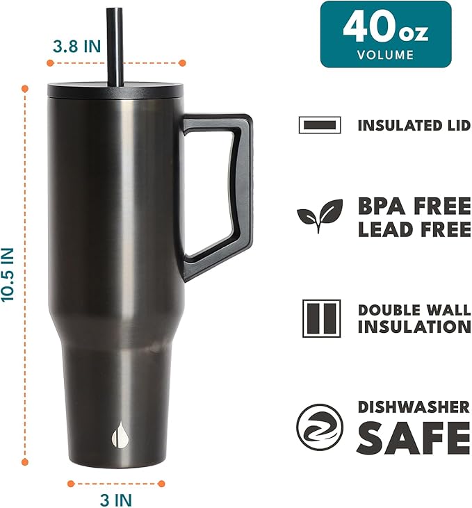 Elemental 40 oz Tumbler with Handle and Straw - Spill Proof Insulated Stainless Steel Commuter for Hot and Cold Beverages - Travel Coffee Mug with 2 Straws & Spill Proof Lid - 40oz- Gunmetal - Bloomnest
