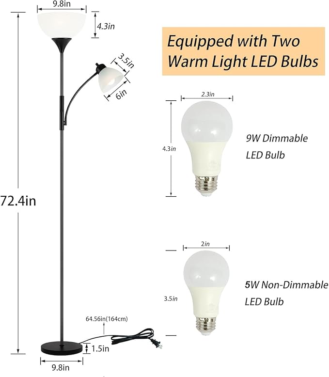 Floor Lamp, Dimmable Standing lamp, Stepless Dimming Brightness, Included 9W and 5W LED Bulbs, Industrial Floor Lamp for Living Room, Bedroom, Office, Reading - Bloomnest