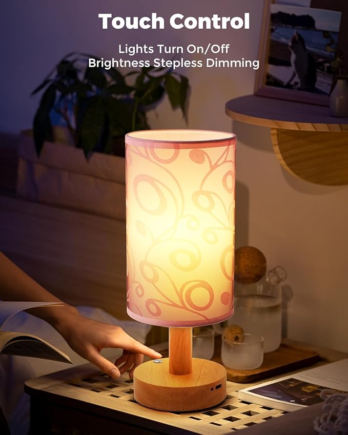 Cordless Table Lamp, 2200mAh Battery Operated Desk Lamp, Touch Bedside Lamps for Night Stands, Warm Light Mini Boho Lamp, Wood Base Round Flaxen Fabric Shade for Living Room,LED Bulb Included (Purple) - Bloomnest