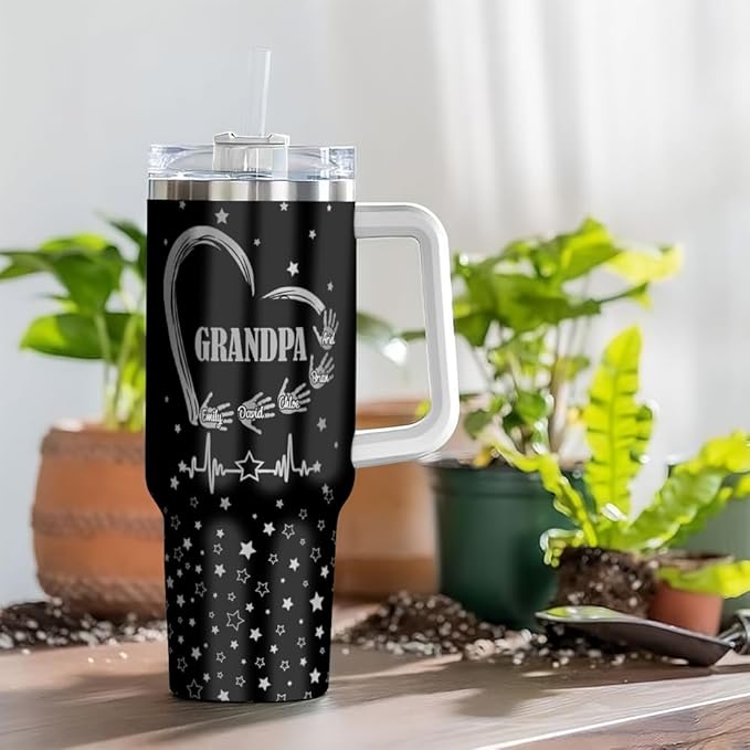 Personalized Grandpa Tumbler – Custom Name Gift With Heart, Stars & Handprints – Grandkids Signature Design – Father’s Day, Birthday, or Christmas - Bloomnest