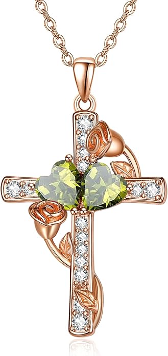 Rose Gold Dual Birthstones Cross Necklace for Women Rose Flower Jewelry Anniversary Christmas Mother's Valentine's Day Birthday Gift for Wife Girlfriend Mom - Bloomnest