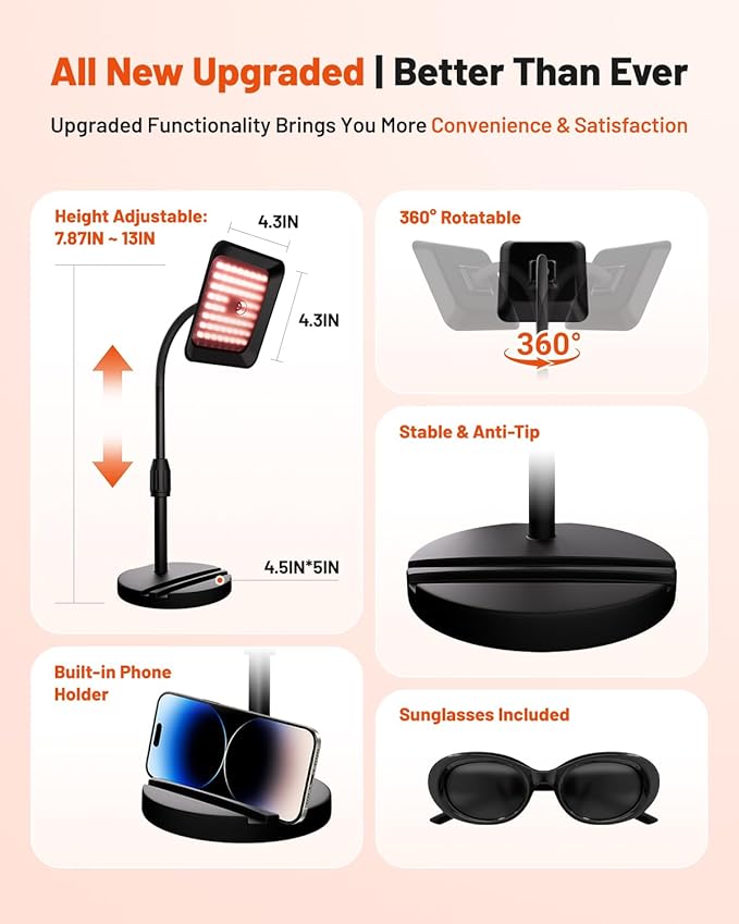 Red Light Therapy for Face and Body, 3 LED Wavelength 660nm 730nm 850nm Infrared Light Therapy Desk Lamp with 360°Adjustable Head & Phone Stand, Home Office Travel Portable Use w/Glasses, Ideal Gift