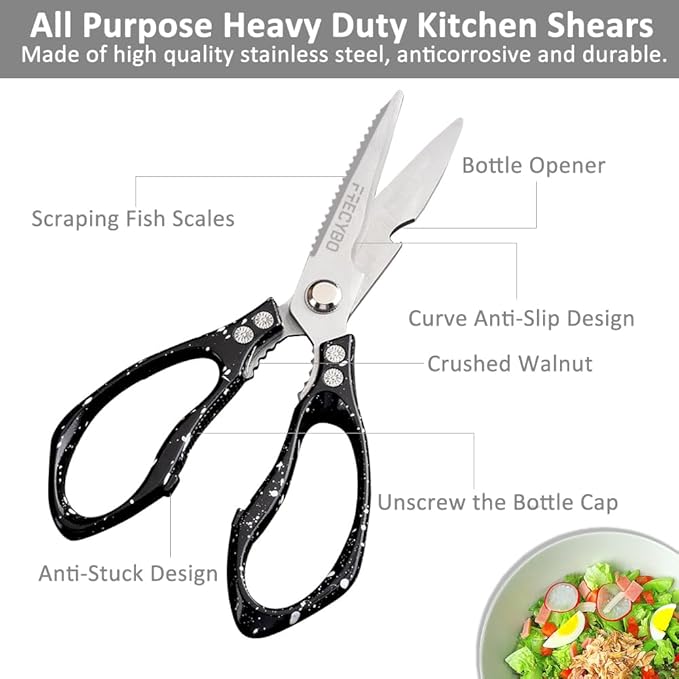 Heavy Duty Food Shears, Multi-Purpose Kitchen Scissors with Sharp Blades, 2-Pack Stainless Steel Food Shears for Kitchen, Poultry, Meat, Fish,Bone (Black) - Bloomnest