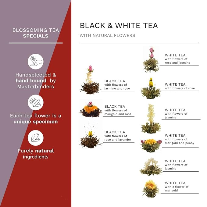 Creano Flowering Tea Abloom Tea - Blooming Tea Gift Set in Stylish Wooden Tea Box - 12 Pieces, Mix of White & Black Tea a gift for christmas - Bloomnest