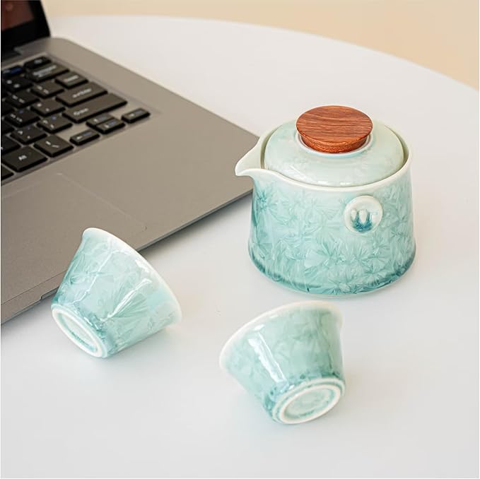 Hermit Life Chinese Travel Tea Set, Portable Ceramic Teapot for One to Two, Gongfu Tea Set with Crystal Glaze, 1 Pot 2 Cups, Gift for Tea Lovers (Mint Green) - Bloomnest