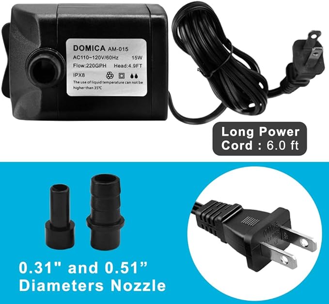 DOMICA 220GPH Ultra Quiet Fountain Pump (15W 800L/H), Small Submersible Pump for Pond, Water Feature, Aquariums, Hydroponics, Indoor or Outdoor Fountain - Bloomnest