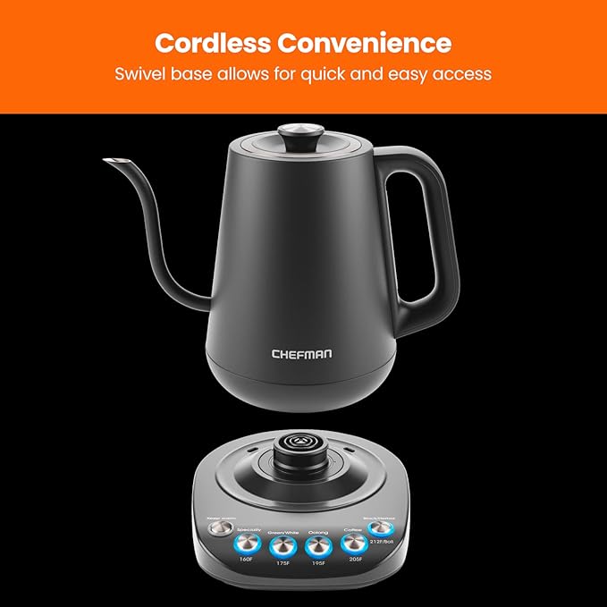 Chefman TrueTemp Precision Control Gooseneck Kettle, Internal Custom Temperature Control and 6 One-Touch Presets, Boil-Dry Protection Auto Shut-Off for Safety, For Pour Over Coffee and Tea, Black - Bloomnest