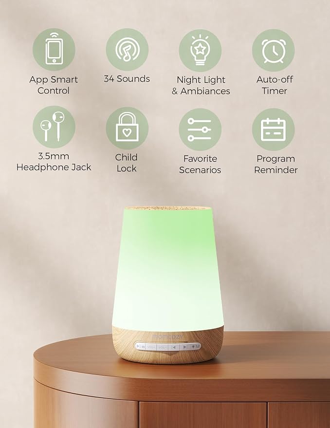 Baby Sound Machine, Momcozy White Noise Machine for Baby Sleeping with Night Light, Toddler Sleep Trainer with 34 Soothing Sounds, Timer, App Remote Control, Personal Sleep Routine(Wood Grain) - Bloomnest