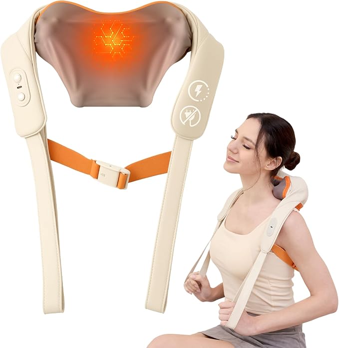 AIRSEE Shiatsu Neck Shoulder Massager with Heat, 200+ Min Battery, Cordless Neck Massager for Pain Relief Deep Tissue, Upgraded 4D Kneading Massage Pillow, 3 Modes 2 Heating Levels, for Women Men - Bloomnest