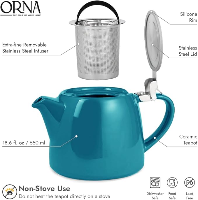 ORNA Ceramic Teapot with Tea Infuser – Small Tea Pot for Loose Leaf Tea – 550ml / 18.6 Oz Porcelain Non-Stove Teapot for 2 Cups with Tea Strainer (Ocean) - Bloomnest