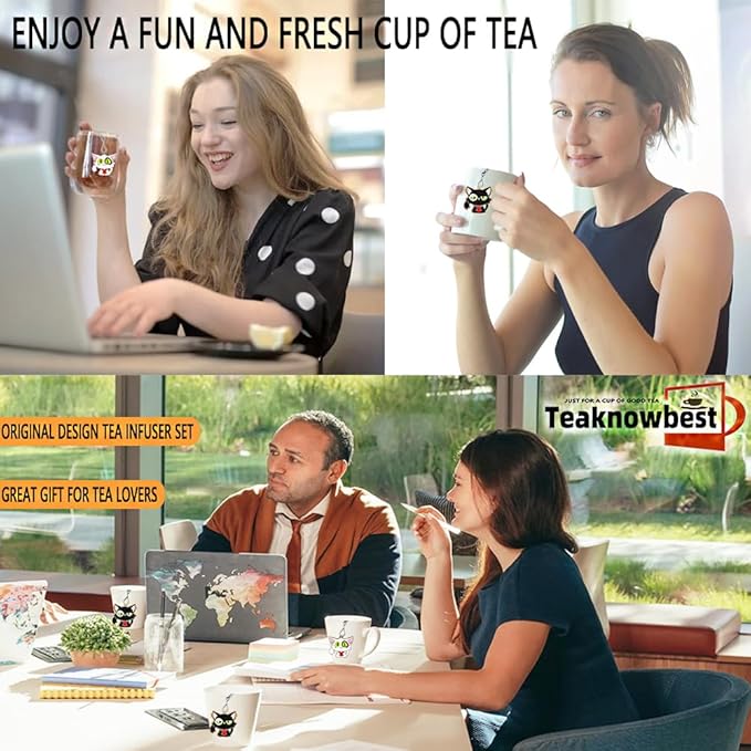 Tea infusers, loose tea strainer, Heart shaped tea ball + cute animal pendant, reusable tea steeper makes afternoon tea meaningful (Big eyed Cat, 2PCS) - Bloomnest