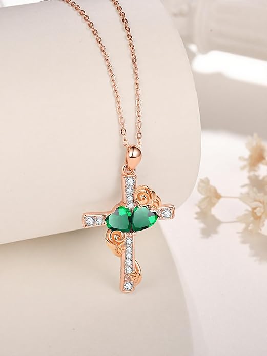 Rose Gold Dual Birthstones Cross Necklace for Women Rose Flower Jewelry Anniversary Christmas Mother's Valentine's Day Birthday Gift for Wife Girlfriend Mom - Bloomnest
