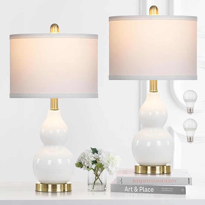 Double Gourd Ceramic Table Lamps Set of 2, Modern White Bedside Lamps for Night Stand, Contemporary Nightstand Lamps for Bedroom Living Room (Bulb Included) - Bloomnest
