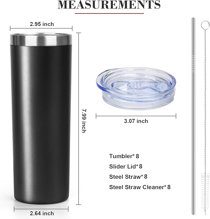 20 oz Skinny Tumblers with Lid and Straw,Stainless Steel Vacuum Insulated Tumbler Cup Double Wall Travel Coffee Mug, Thermal Water Tumbler for Hot and Cold Drinks(Black,8)