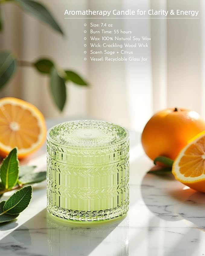 Sage Citrus Scented Candles, Crackling Wood Wick Soy Candle, 7.4 oz Natural Candles Non Toxic, 55 Hours Clean Burn | Aromatherapy Candle | Gift-Ready for Hosts & Gatherings - Bloomnest