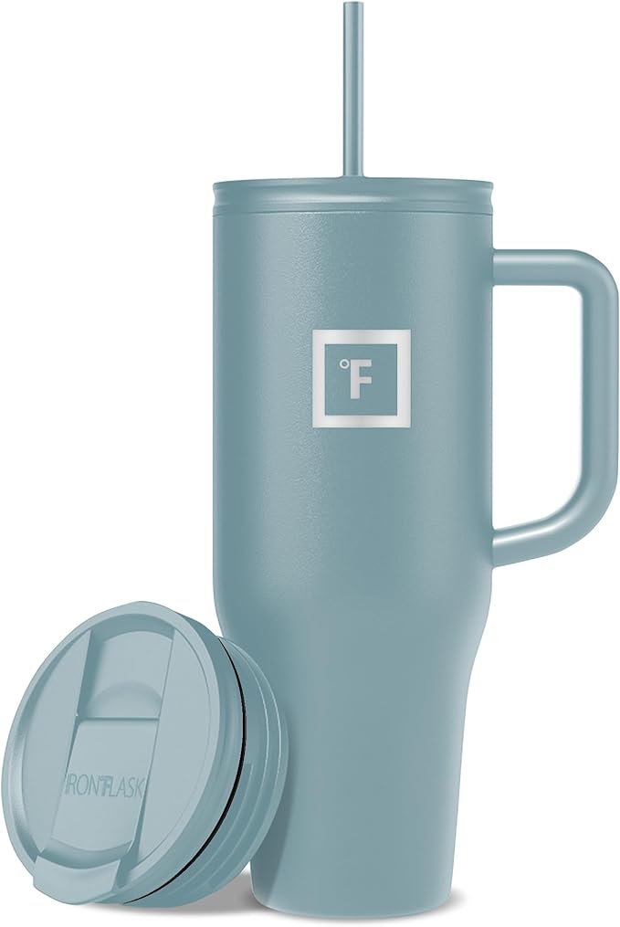 IRON °FLASK Co-Pilot Insulated Mug w/Straw & Flip Cap Lids - Cup Holder Bottle for Hot, Cold Drink - Leak-Proof - Water, Coffee Portable Travel Mug - Elemental Gray, 40 Oz - Bloomnest
