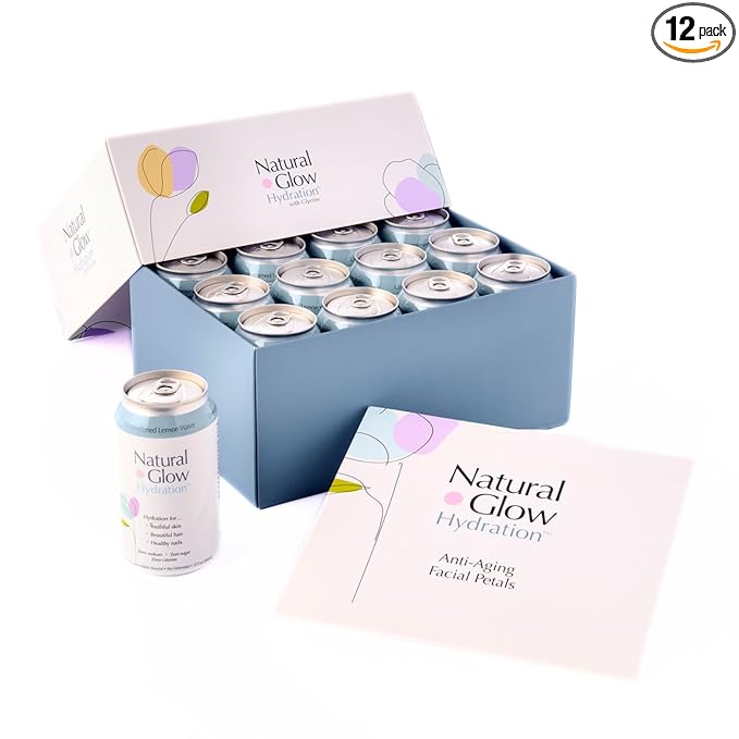Natural Glow Hydration® Glycine Beauty Water, Unsweetened Lemon Flavor, 12 Pack of 12 fl oz Cans, Electrolytes & Amino Acids, Zero Sugar & Zero Sodium, Anti-Aging Facial Petals Bundle