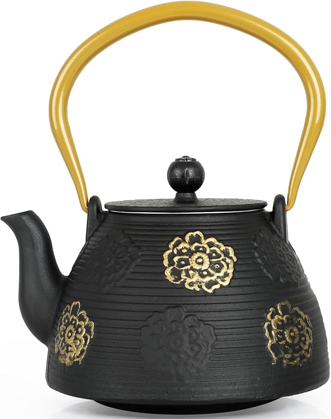 Ufine Cast Iron Teapot with Infuser for Loose Leaf Tea Japanese Style Tea Kettle for Stove Top, Enameled Interior Sakura Design (Black,40oz/1200ml) - Bloomnest
