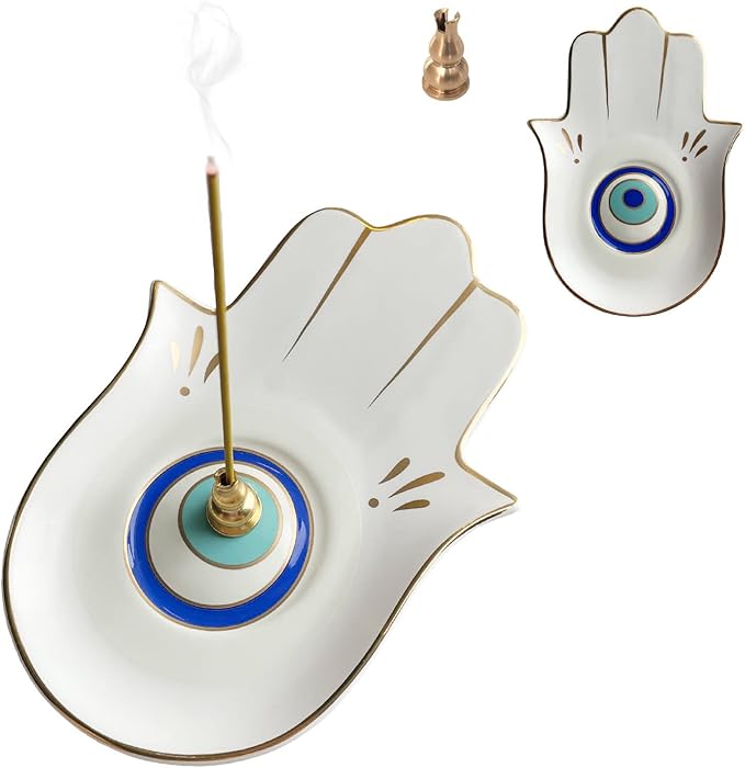 Ceramic Hamsa Hand Incense Holder - 2 in 1 Brass Incense Holder for Sticks and Coil Incense- Zen Decor with Hand of Fatima Design Protection from Evil - 6.2" L X 4.5" W (WhiteEye) - Bloomnest