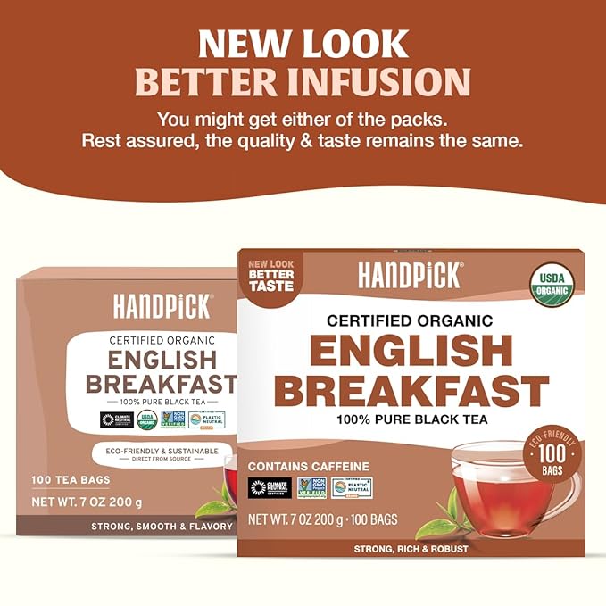 HANDPICK, Organic English Breakfast Black Tea Bags (100 Count) USDA Organic, Non-GMO | Strong, Robust, High-Caffeine Black Tea | Eco-conscious Tea Bags, Brew English Breakfast Tea & Kombucha Tea - Bloomnest