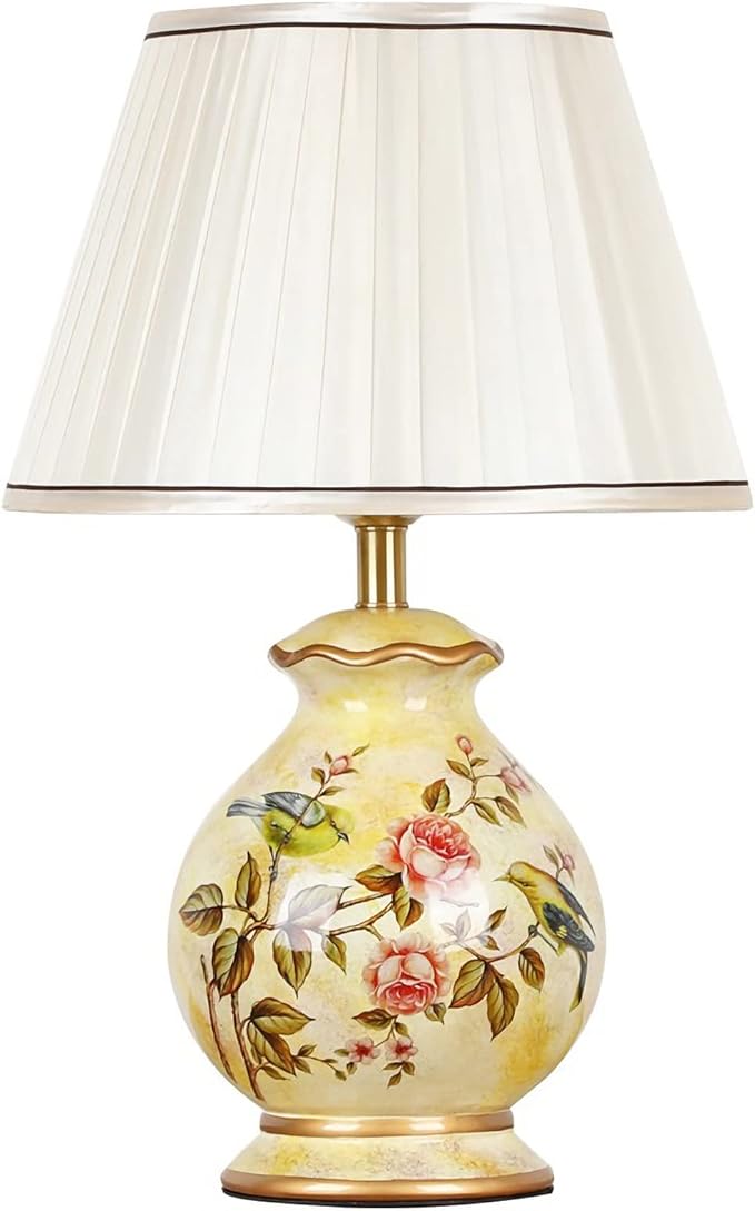 20.4" Chinoiserie LED Table Lamp, American Flower and Bird Ceramic Chinoiserie Table Lamp, Yellow Fabric Shade with Hardware Base Round Bedside Lamp Bedroom Study Hotel Home Decoration - Bloomnest
