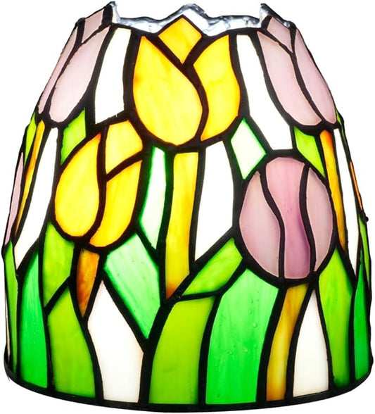 Tiffany Lamp Pink Yellow Tulips Small Stained Glass Table Light Retro Unique Nightstand Bedside Light for Home Decor Bedroom Living Room Boys Girls Christmas Gifts - Bloomnest