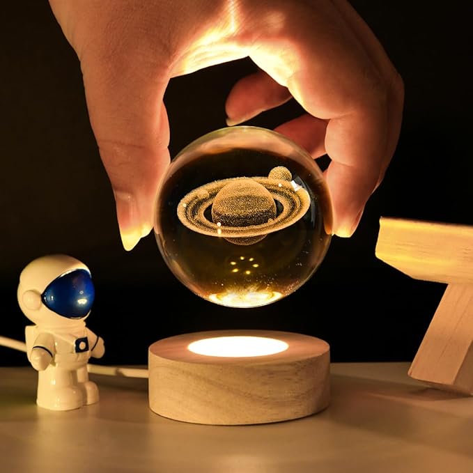 3D Saturn Crystal Ball with LED Stand, 60mm Glass Sphere Decorative Balls Lamp, Space Planet Model Galaxy Night Light Gifts for Women Kids - Bloomnest