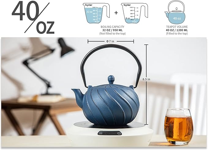 TOPTIER Japanese Cast Iron Tea Kettle with Infuser for Loose Leaf and Tea Bags, Stovetop Safe Teakettle with Enameled Interior, 40 oz (1200 ml), Navy Blue - Bloomnest