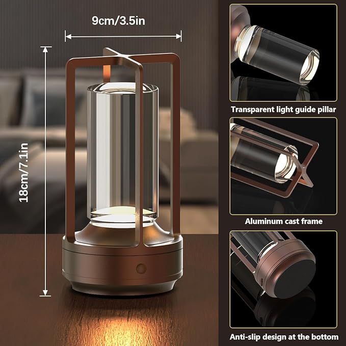 Cordless Portable Table Lamp Rechargeable for Indoor/Outdoor, 3000mAh Small Battery Powered Operated Lights, 3 Color Modes Dimmable Waterproof, LED Desk Lamp for Restaurant/Bedroom/Camping (Brown) - Bloomnest