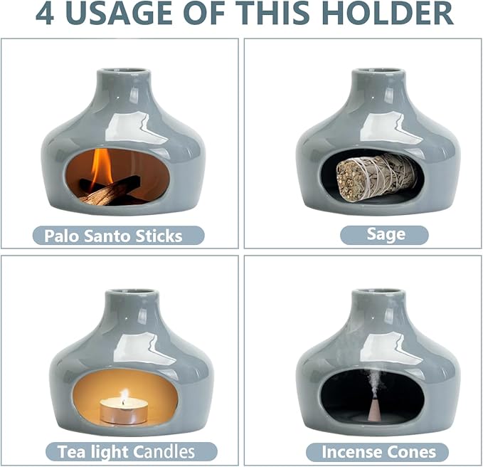 Handmade Ceramic Aroma Holder and Palo Santo Chimney for Sage and Incense Sticks, for Meditation, Yoga, and Relaxation, with Heat-Resistant Base, Home Decor Incense Bowl Metackle