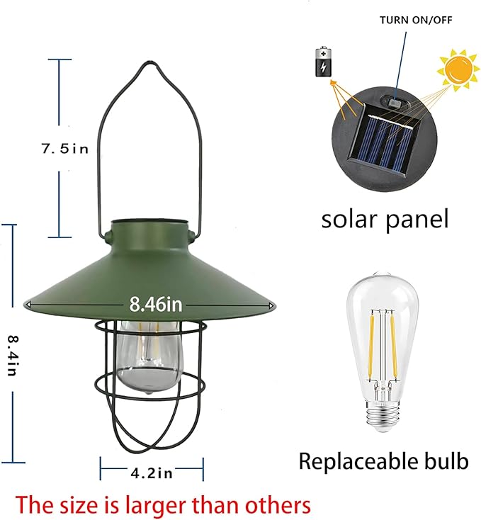 pearlstar Solar Lantern Outdoor Hanging Light Metal Farmhouse Solar Lamp with Warm White Edison Bulb Design for Garden Yard Patio Proch Decor(Green) - Bloomnest