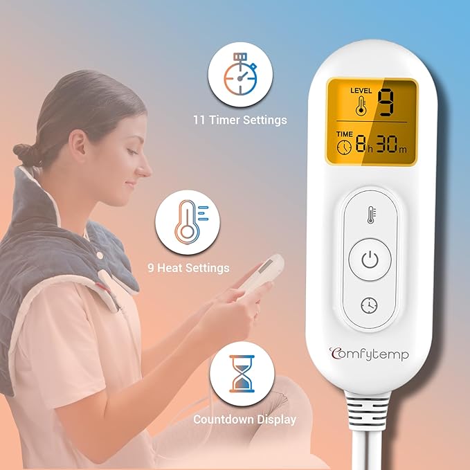 Comfytemp Heating Pad for Neck and Shoulders and Back, 2.6lb Weighted Electric Heat Pad FSA Eligible, Large HSA Heated Wrap, 9 Heat Settings & 11 Timer, Gifts for Women Men Mom Dad, Dark Blue - Bloomnest