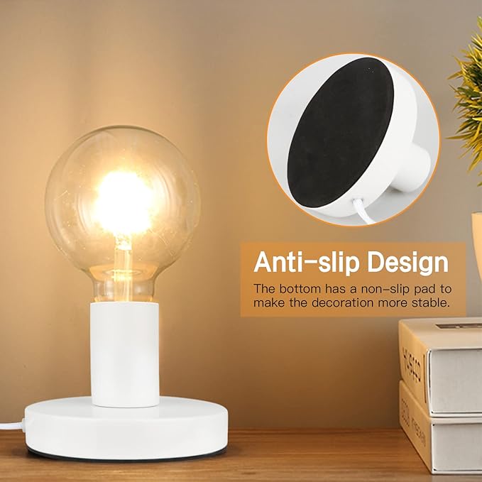 Helunsi Industrial Table Lamp Base - E26/E27 Edison Light Bulb Stand, Exposed Bulb, Simple Metal, 5.8ft Cord Switch Plug, White - Bloomnest
