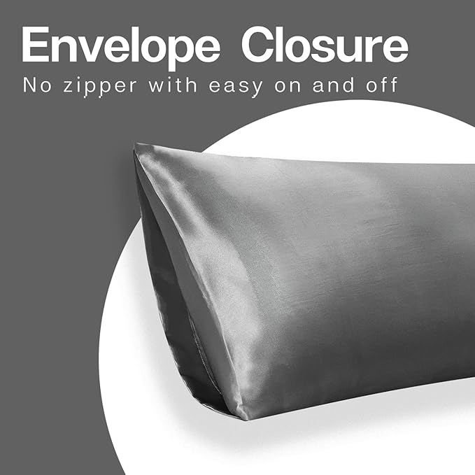 MR&HM Satin Body Pillow Cover, Soft and Breathable Body Pillow Case with Envelope Closure, Cooling and Silky Long Pillowcase for Hair and Skin,Grey (20x54, Dark Grey) - Bloomnest