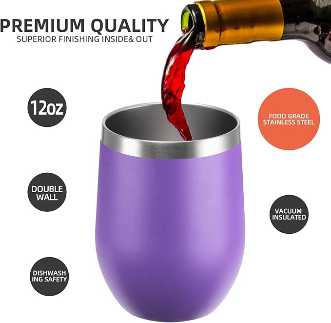 12 oz Insulated Wine Tumbler with Lid and Straw,Stainless Steel Stemless Wine Tumbler Double Wall Vacuum Wine Cups Tumbler Bulk for Coffee,Champaign,Cocktail,Office(Orange/Teal/Purple/Sky blue) - Bloomnest