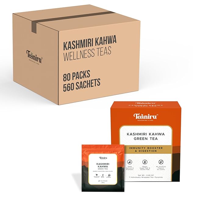 Teaniru, Kashmiri Kahwa Tea, 1 Carton (Box of 80) - 560 Sachets | Pyramid Tea Bag | Wellness Tea For Corporates & Restaurant & Tea Lovers | Gluten Free, Sugar-Free - Brew Hot or Cold - Bloomnest