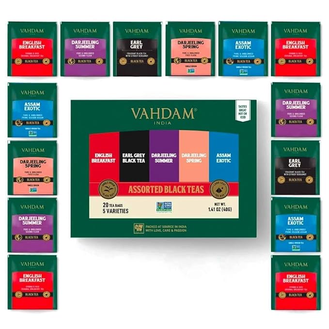 VAHDAM, Assorted Black Tea Bags Sampler (5 Flavors, 20 Ecofriendly Pyramid Tea bags) I Gift Ideas for Women & Men | Assam and Darjeeling Teas | Gluten Free & Non GMO | Gifts for Him/Her - Bloomnest