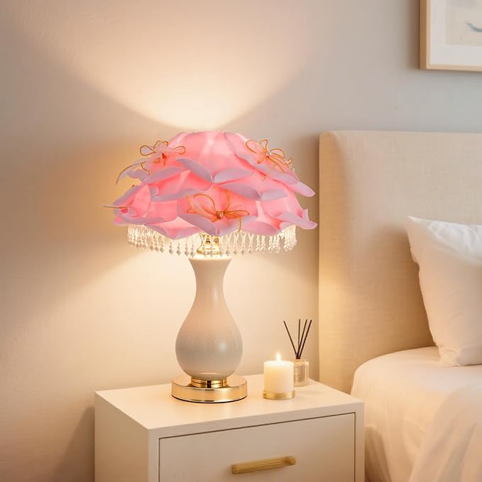 Pink Rose Flower Lamp Nordic Flower Table Lamp Romantic Ceramic Nightstand Light Modern Princess Bedside Lamp for Girl Valentines Mother's Day Wedding Decor Bedroom Living Room Entry - Bloomnest