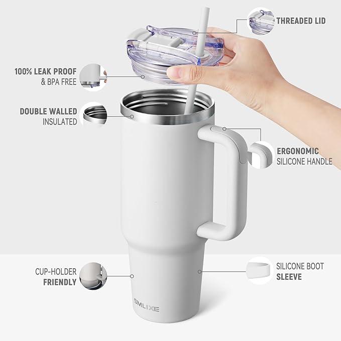 40 oz Tumbler with Handle and Straw Lid,Insulated Reusable Stainless Steel Water Bottle Travel Mug，Cupholder Friendly Double Wall Vacuum Sealed Cup (Cold White) - Bloomnest