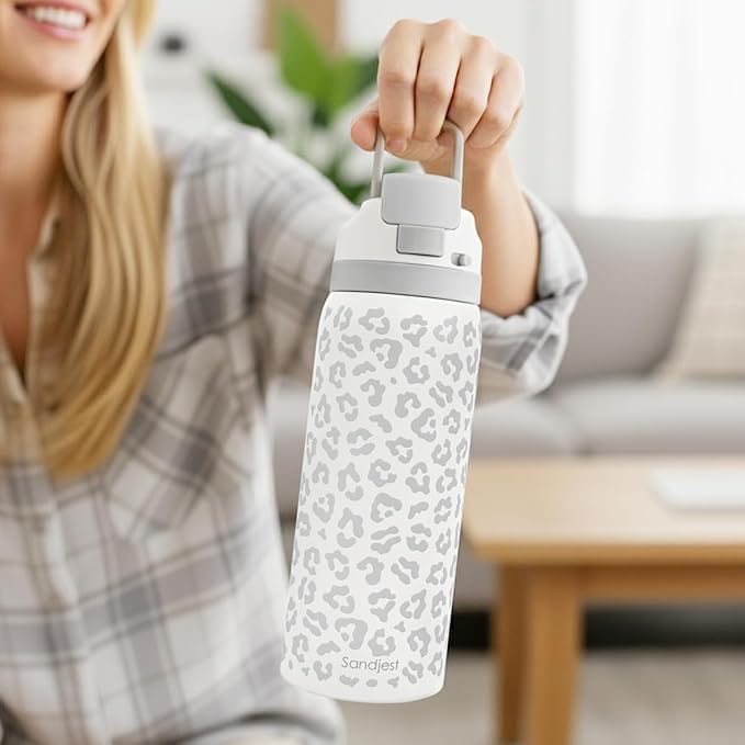 Leopard Print Insulated Stainless Steel Water Bottle with Straw for Sports and Travel, 32oz, Gifts for Women Girls Friends Teens Birthday Christmas (Grey) - Bloomnest
