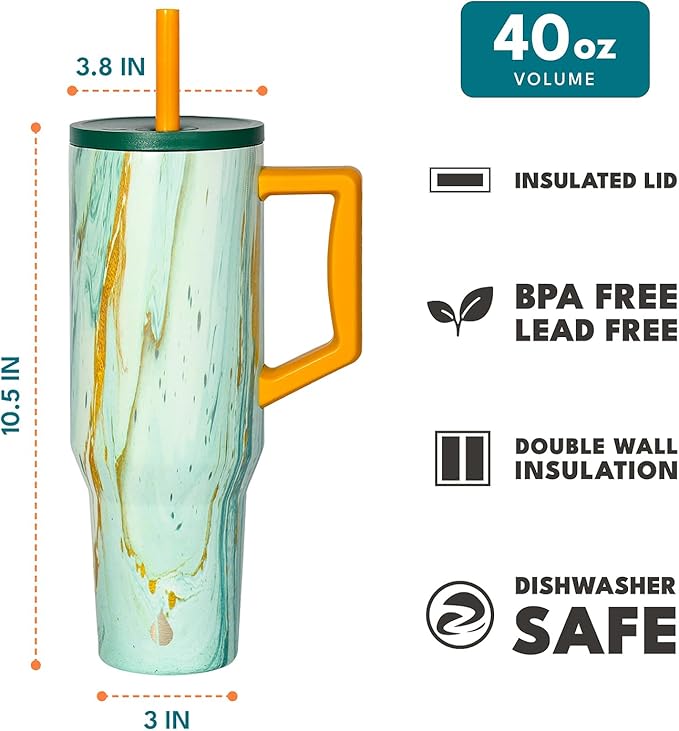 Elemental 40 oz Tumbler with Handle and Straw - Spill Proof Insulated Stainless Steel Commuter for Hot and Cold Beverages - Travel Coffee Mug with 2 Straws & Spill Proof Lid - 40oz - Aurora Glow - Bloomnest