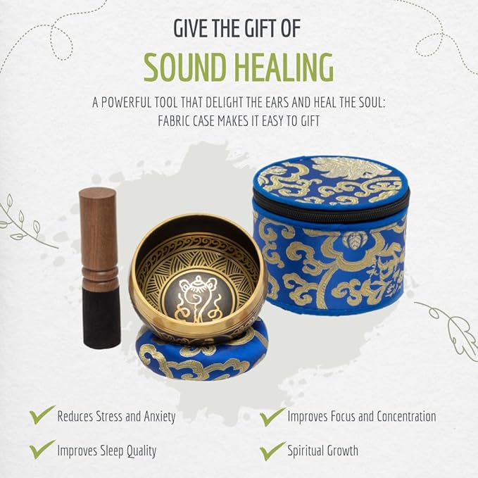 Wish Well Tibetan Singing Bowl Set ~ 4" Sound Bowl with 7 Chakra Crystal Stones, Rose Quartz Pendulum, Fabric Case, Cushion, & Mallet ~ Perfect For Meditation, Yoga, Spiritual Healing, & Mindfulness