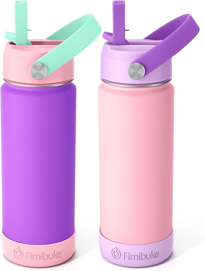 Fimibuke Kids Insulated Water Bottle - 18oz BPA-FREE 18/8 Stainless Steel Kids Cup with Straw Travel Tumbler Leak Proof Double Wall Vacuum Toddler Water Bottle for School Boys Girls（2 Pack, Macaron） - Bloomnest