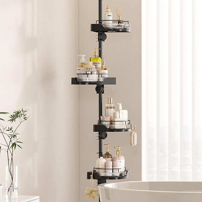 360° Rotating Corner Shower Caddy Tension Pole Organizer - 4-Tier Adjustable Rustproof Metal Pole, Plastic Shelves with Safety Guardrail, Bathroom Storage for Shower & Bathtub(Black) - Bloomnest